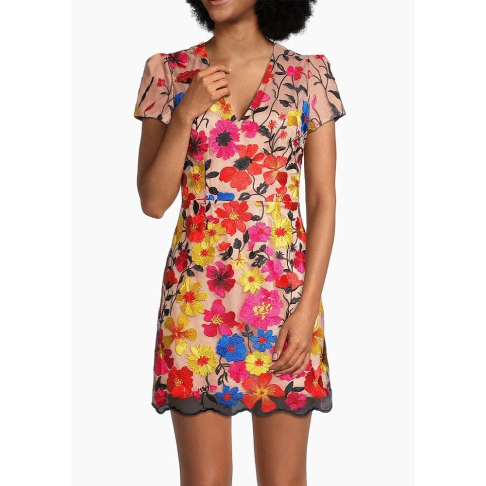 Milly Atalie Floral Mesh Embroidered Dress Multicolor VNeck Short Sleeves Size 4